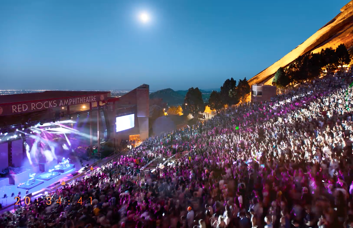 A wide view of Red Rocks Amphitheater during a concert